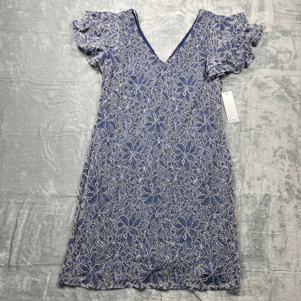 New York Clothing Company Blue White Lace Flutter Sleeve V‎ Neck Dress Size 14
